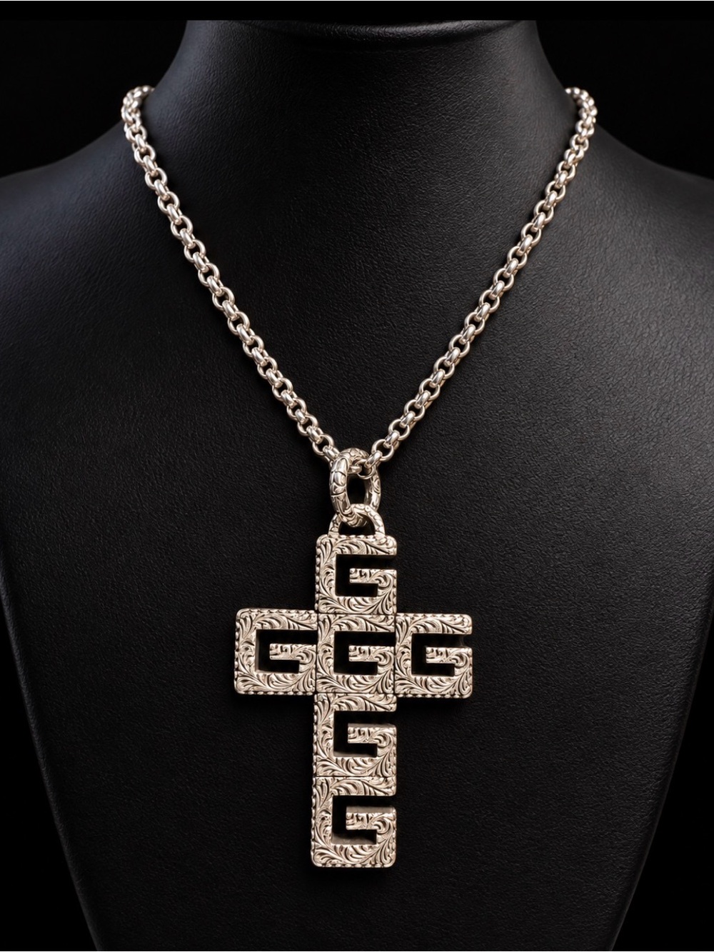 Silver Cross Pendant Necklace with Textured Pattern - Women Jewelry
